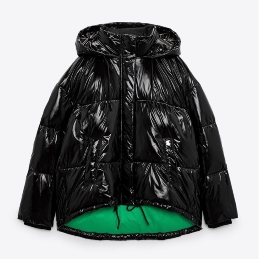 Zara Black Green Shiny Puffer Jacket